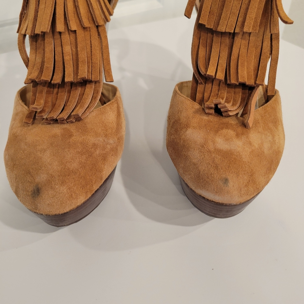 ELAINE TURNER TAN FRINGE SUEDE ZIPPER BACK WEDGES SIZE 9.5 - Picture 4 of 12